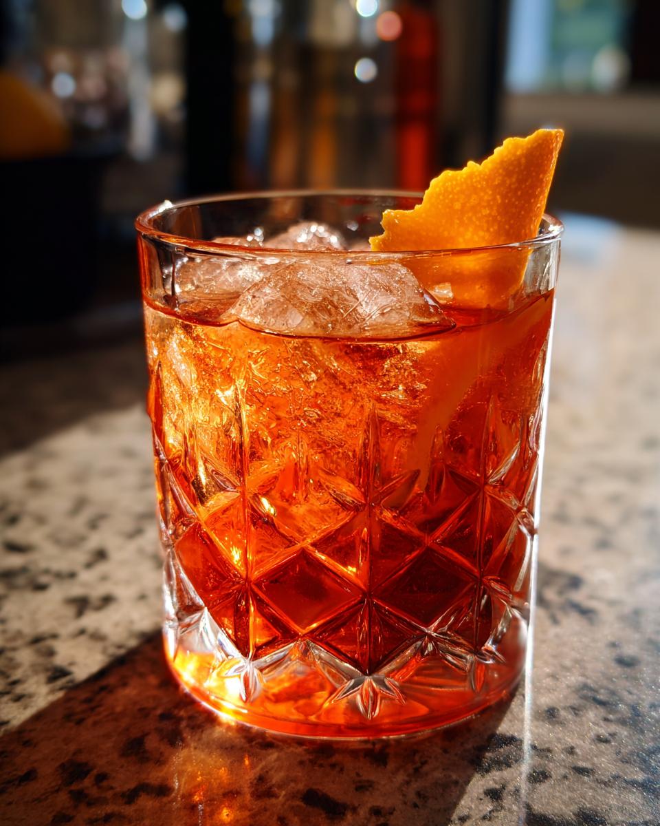 A classic Negroni cocktail in a rocks glass filled with ice and garnished with an orange peel. Perfect for the best vermouths for Negronis.