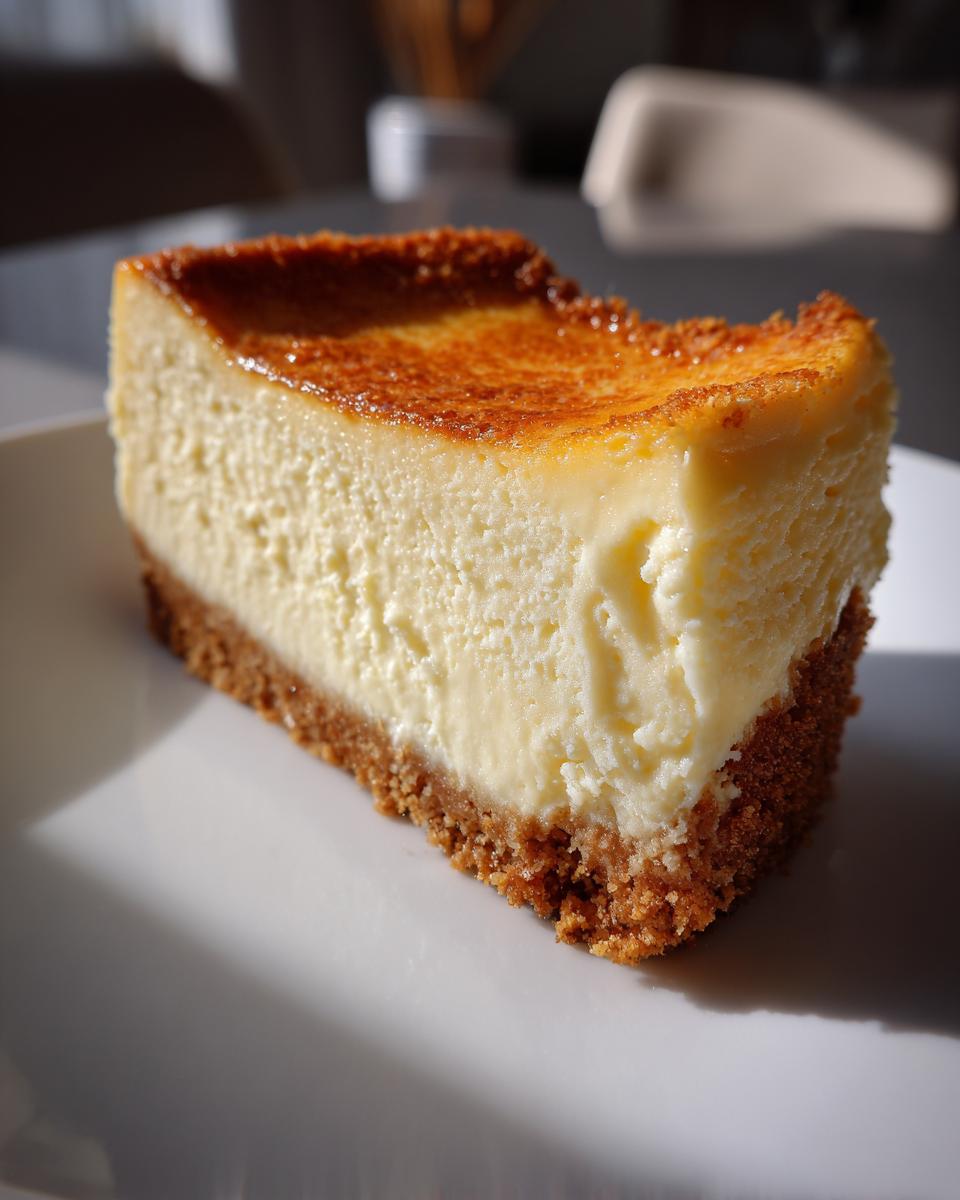 A close-up of a rich slice of New York Cheesecake featuring a thick graham cracker crust and a beautifully caramelized top.