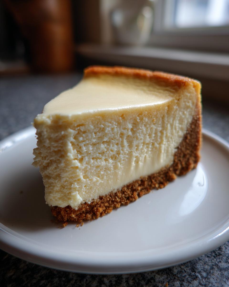 A thick, creamy slice of New York Cheesecake with a graham cracker crust on a white plate.