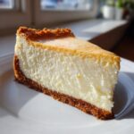 A close-up, appetizing slice of rich New York Cheesecake with a thick graham cracker crust, sitting on a white plate.