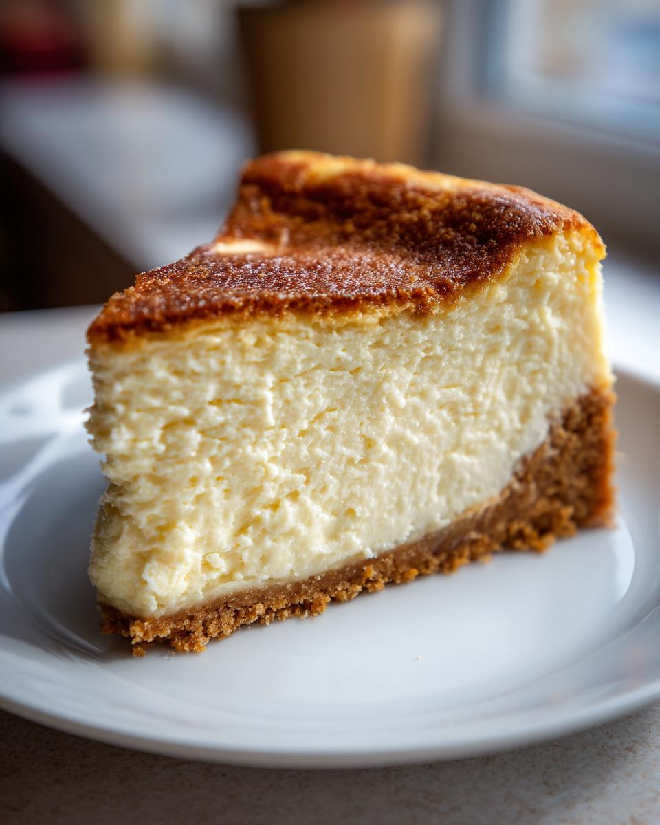 A thick, creamy slice of New York Cheesecake with a golden-brown top and graham cracker crust.