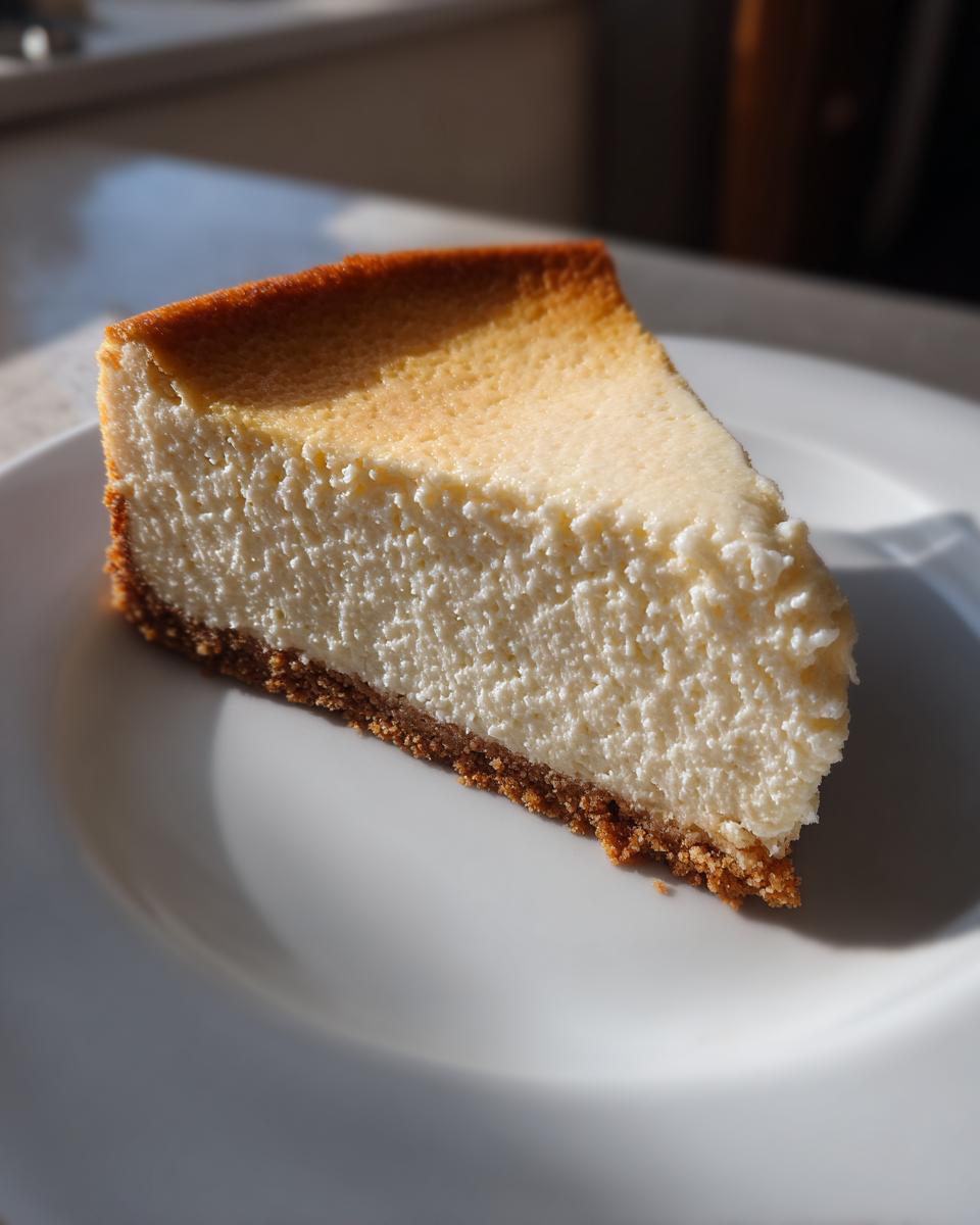 A close-up shot of a perfectly baked slice of New York Cheesecake with a golden top and graham cracker crust.