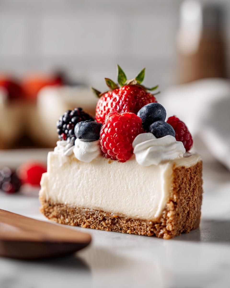 A slice of creamy no bake cheesecake topped with fresh strawberries, blueberries, raspberries, and blackberries.