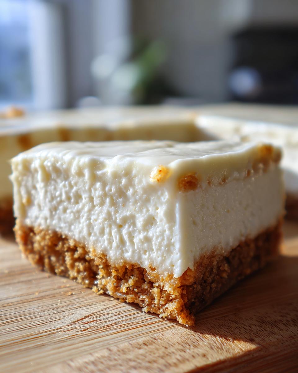 Close-up of a thick slice of No Bake Cheesecake showing a graham cracker crust and creamy filling.
