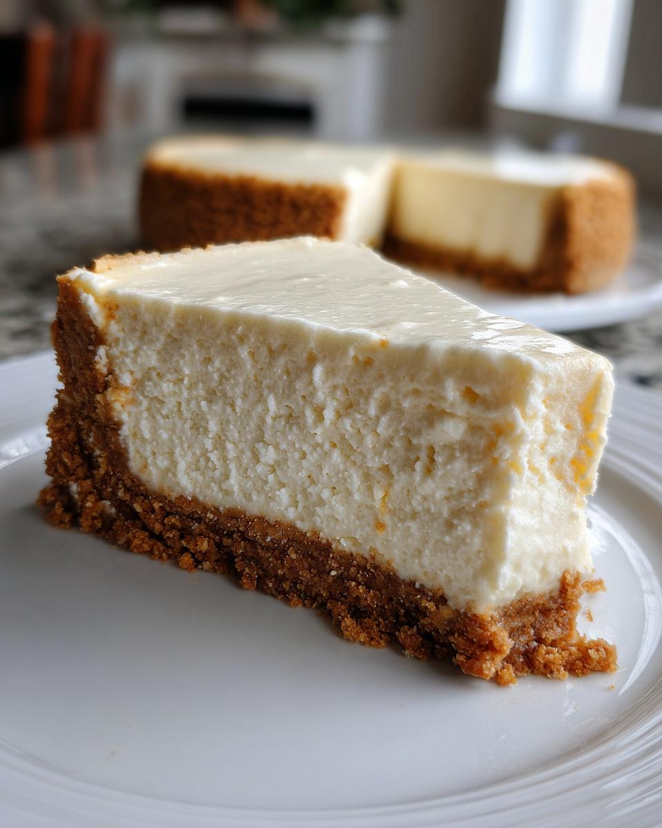 A close-up of a creamy slice of No Bake Cheesecake on a white plate, showing the thick graham cracker crust.