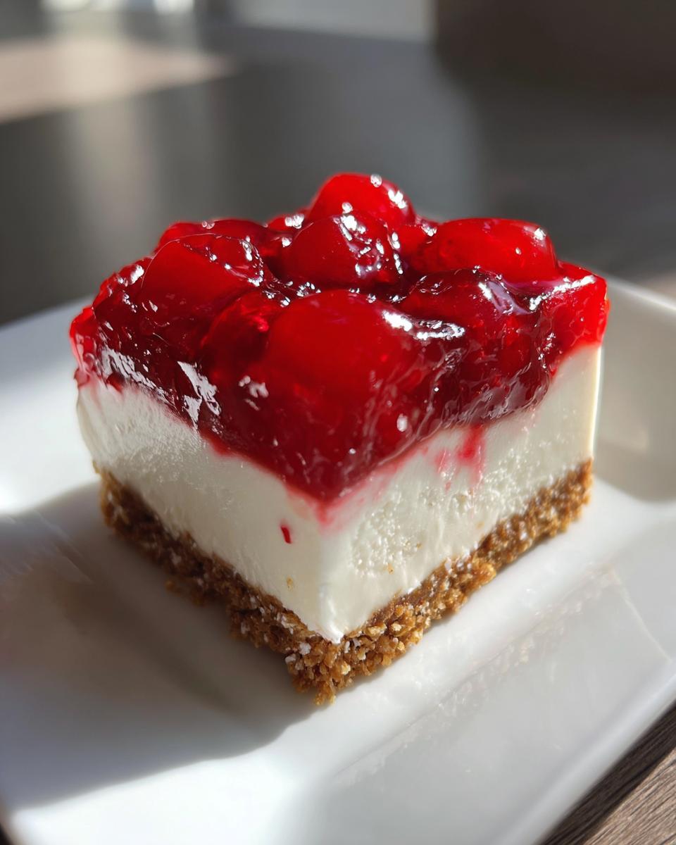 A close-up of a decadent square slice of No Bake Cherry Cheesecake Bars with a graham cracker crust.
