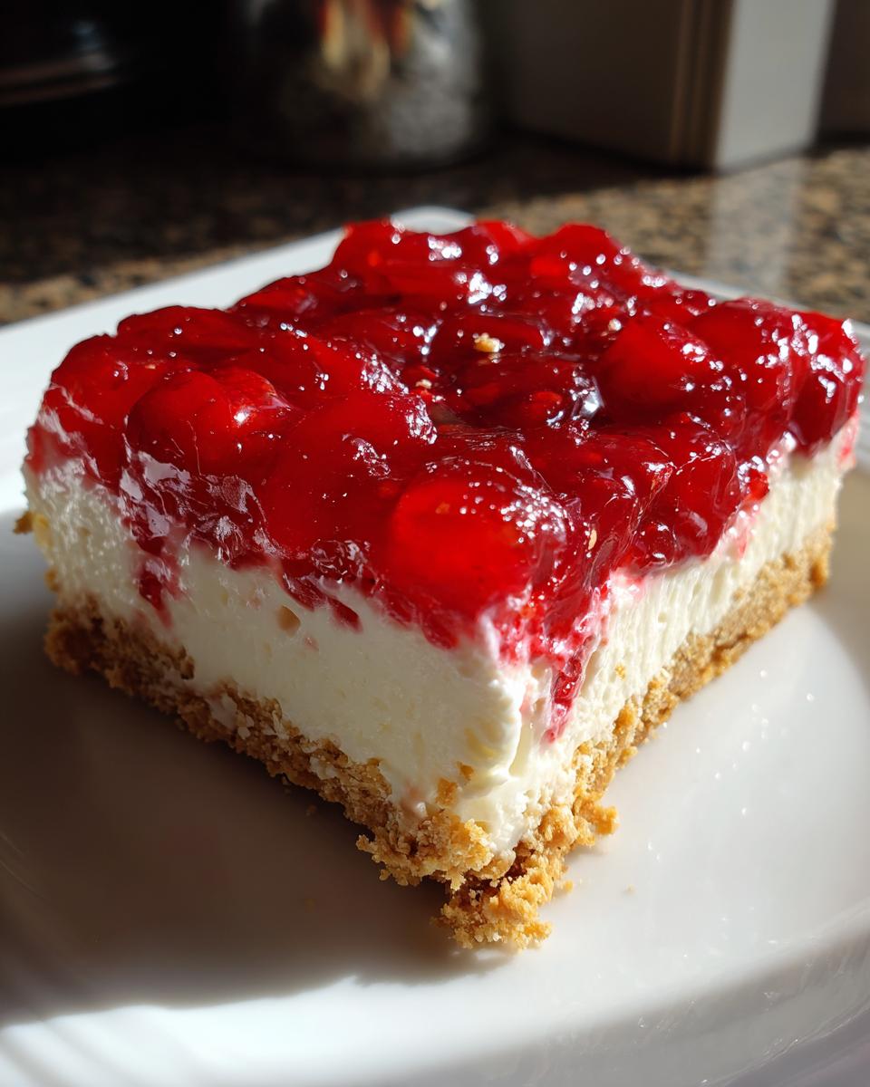 Close-up of a square slice of No Bake Cherry Cheesecake Bars with a thick graham cracker crust and bright red cherry topping.