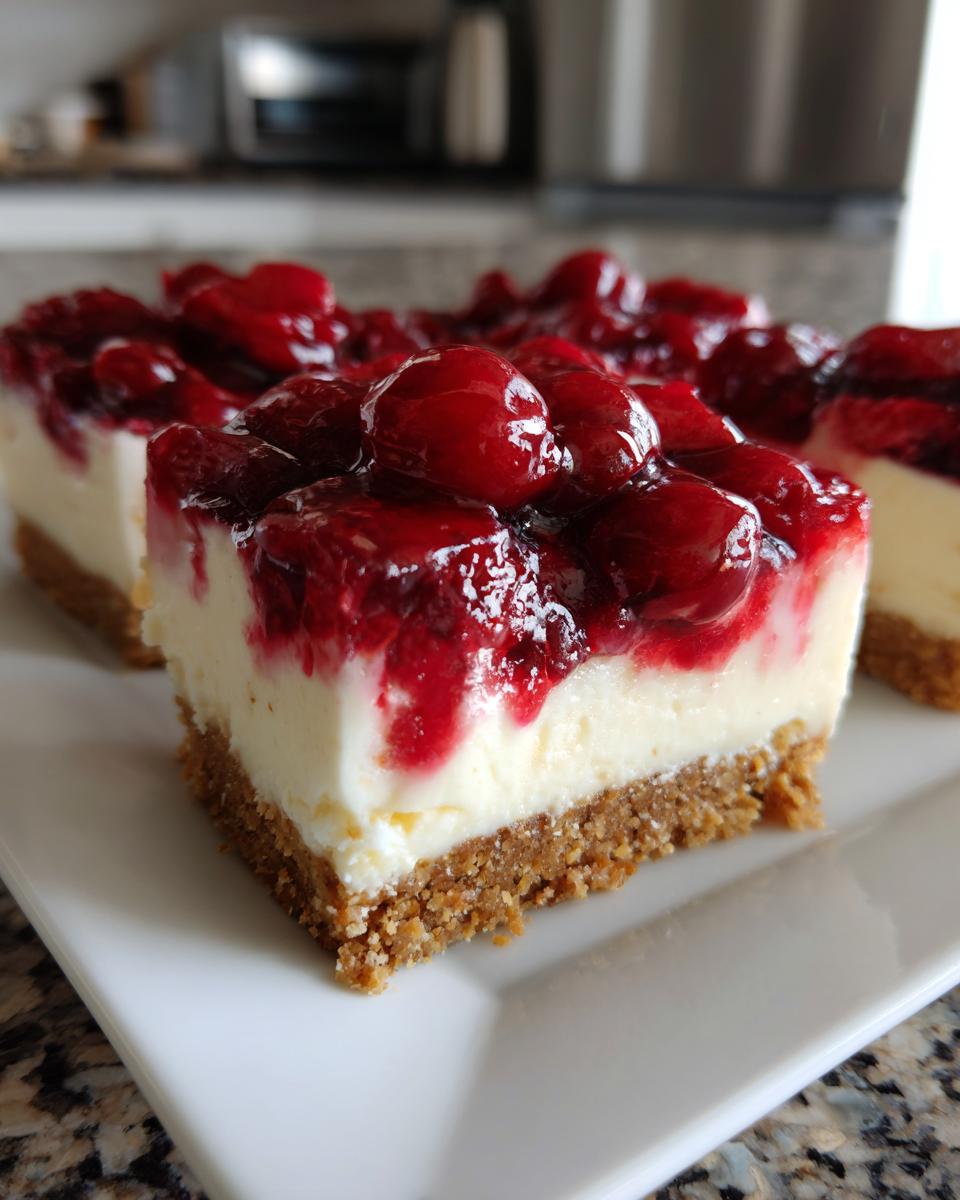 A close-up of a square slice of No Bake Cherry Cheesecake Bars showing a graham cracker crust, creamy filling, and cherry topping.