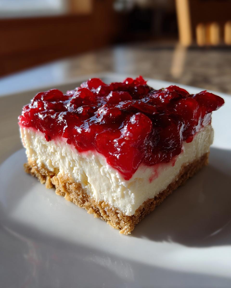 A close-up of a single square slice of No Bake Cherry Cheesecake Bars on a white plate.