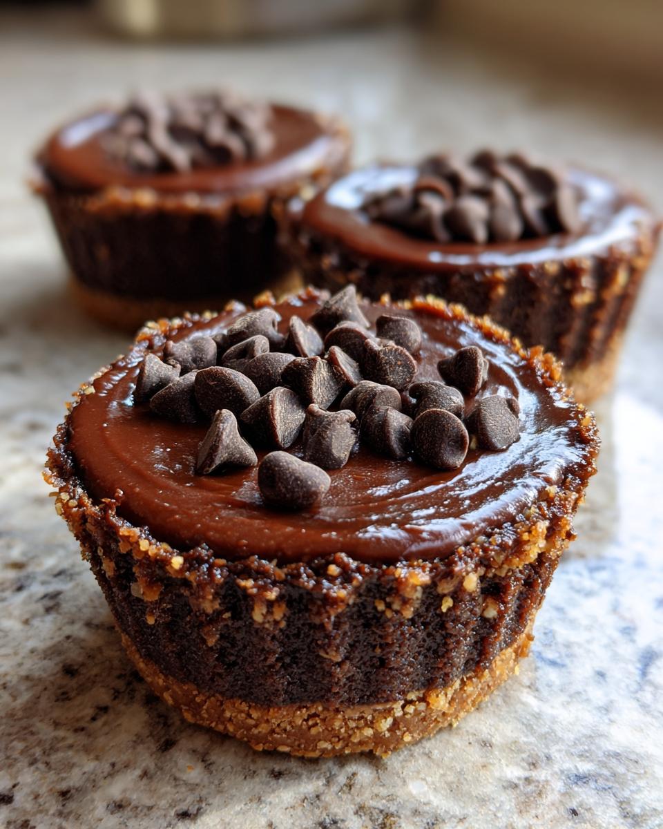 Three individual No Bake Chocolate Cheesecakes topped with rich ganache and mini chocolate chips on a granite counter.