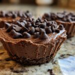 A close-up view of one of the No Bake Chocolate Cheesecakes topped generously with chocolate chips.