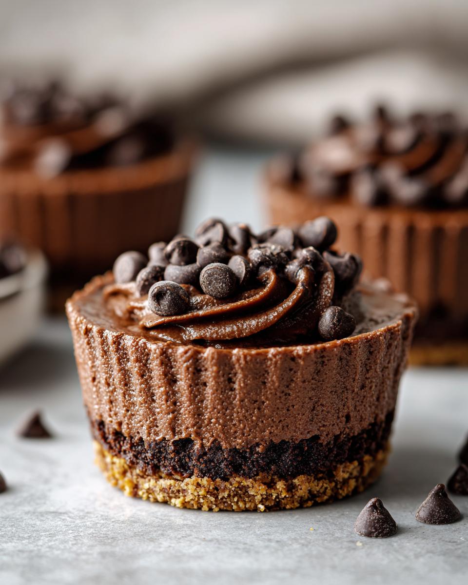 A close-up of one of the No Bake Chocolate Cheesecakes, featuring a graham cracker crust, rich chocolate filling, and topped with piped frosting and mini chocolate chips.