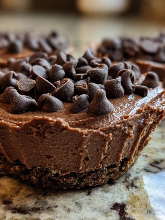 A close-up view of one of the No Bake Chocolate Cheesecakes topped generously with chocolate chips.