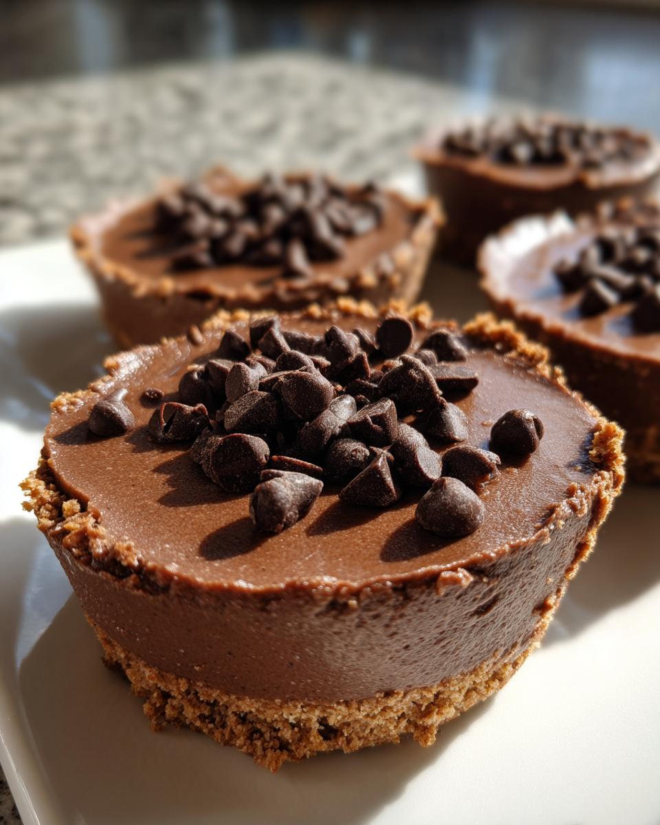 Close-up of individual No Bake Chocolate Cheesecakes topped generously with dark chocolate chips.