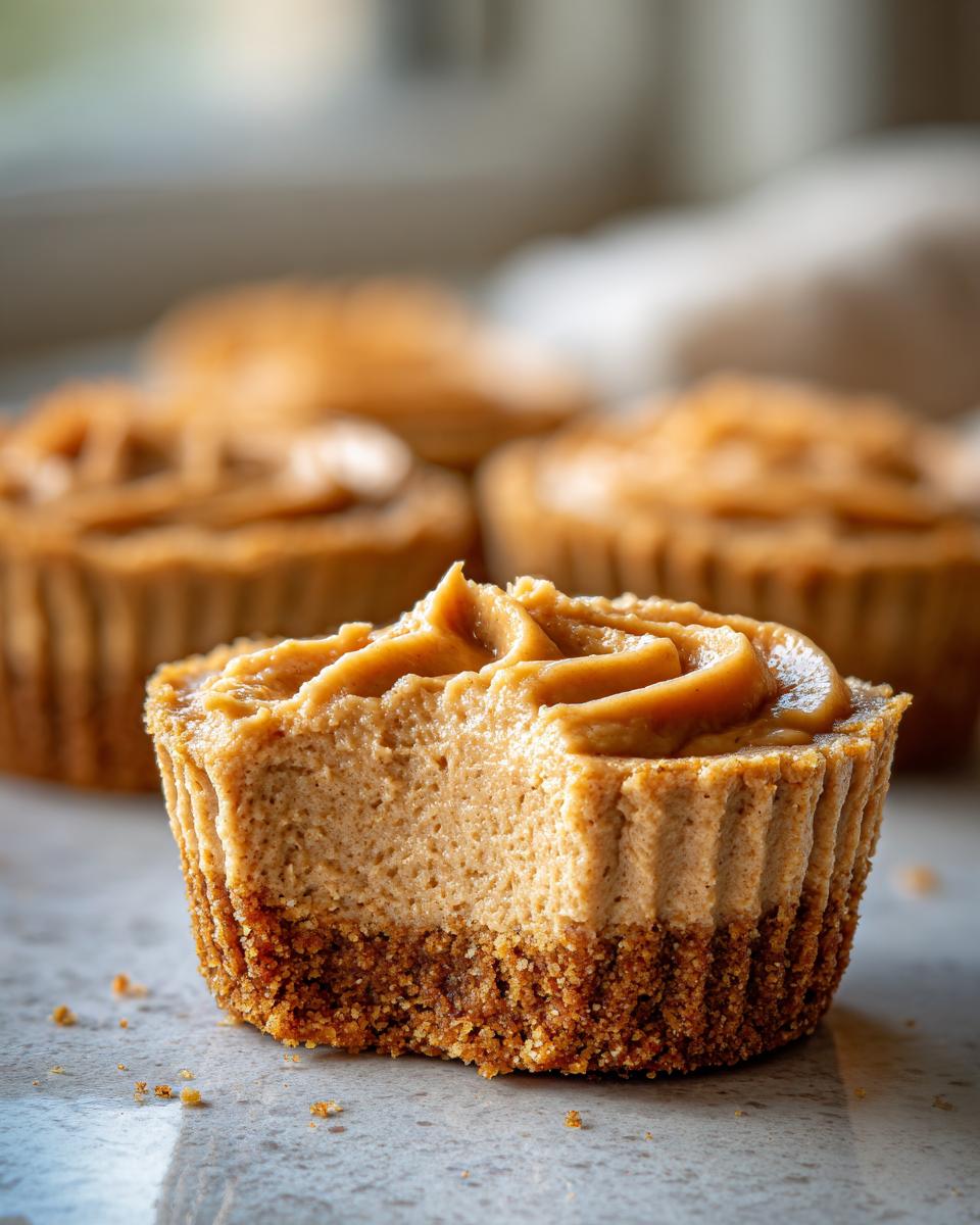A close-up view of one of the No Bake Peanut Butter Cheesecakes with a bite taken out, showing the crust and creamy filling.
