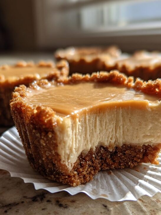 Close-up of a No Bake Peanut Butter Cheesecakes bite showing creamy filling and graham cracker crust, topped with caramel.