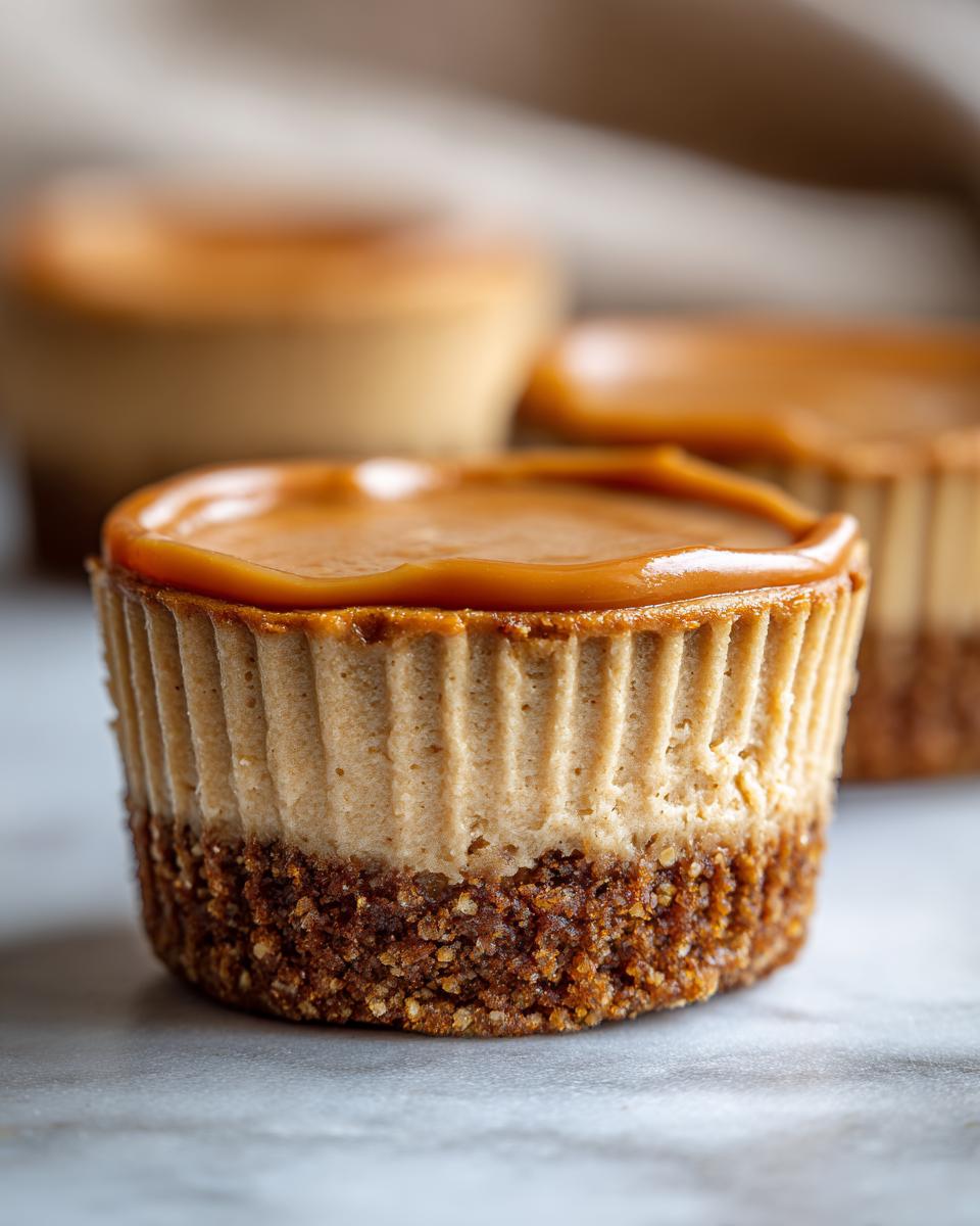 A single, perfectly formed No Bake Peanut Butter Cheesecake topped with a thick layer of caramel sauce.