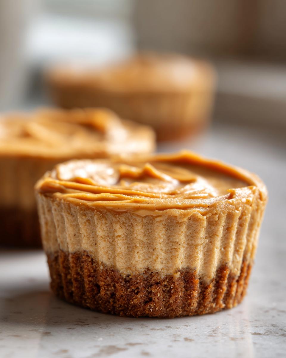 A single, perfectly formed No Bake Peanut Butter Cheesecake with a graham cracker crust and swirled peanut butter topping.