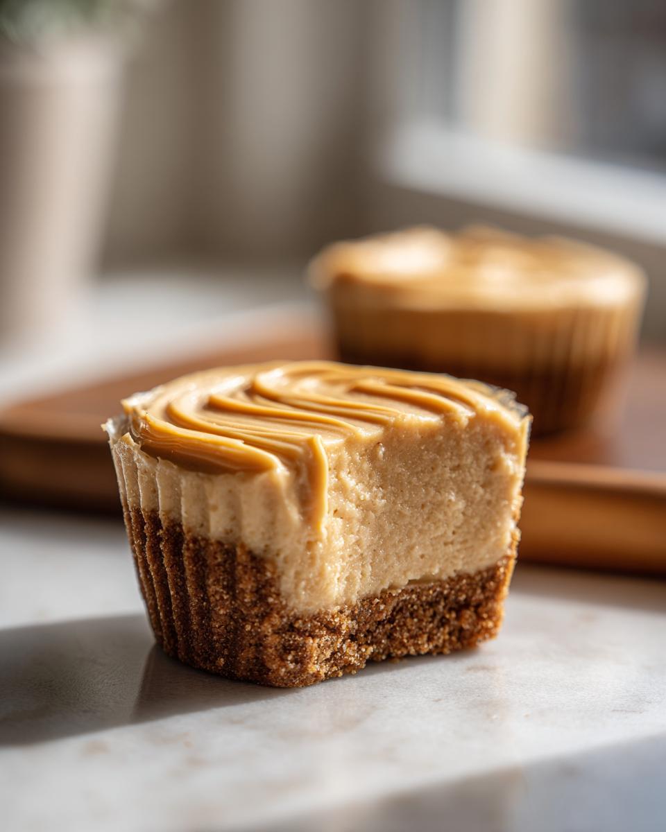 Close-up of a No Bake Peanut Butter Cheesecakes cut in half showing graham cracker crust and creamy filling.