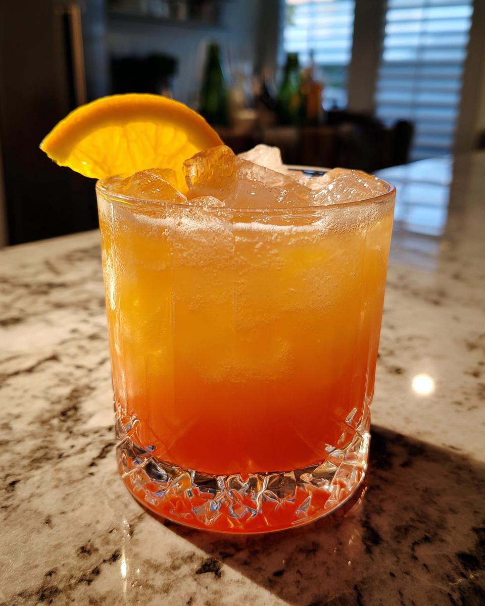 A vibrant orange and red layered cocktail in a crystal glass, topped with ice and an orange slice, perfect for best non alcoholic spirits.
