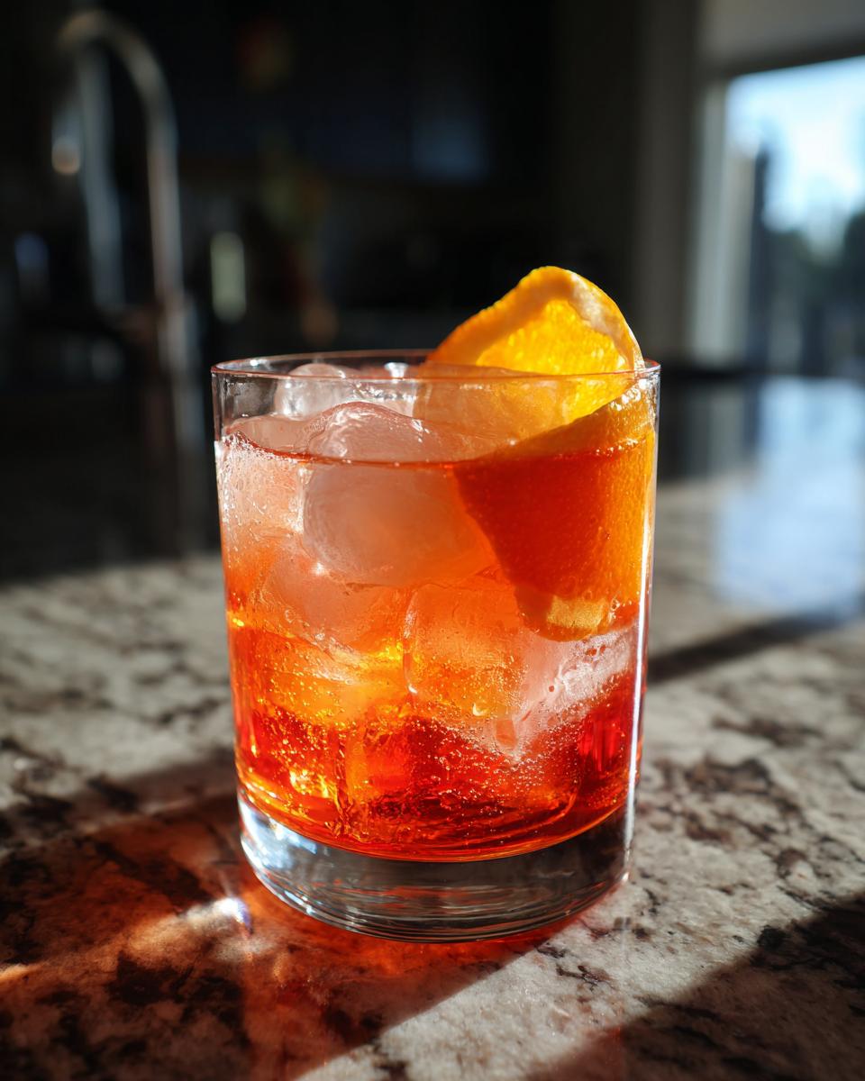 A vibrant orange non alcoholic spirits cocktail with ice and an orange slice garnish.