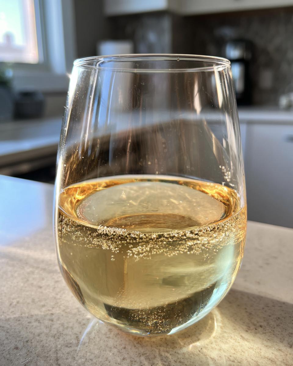 A close-up of a glass filled with bubbly nonalcoholic white wine, catching the sunlight.