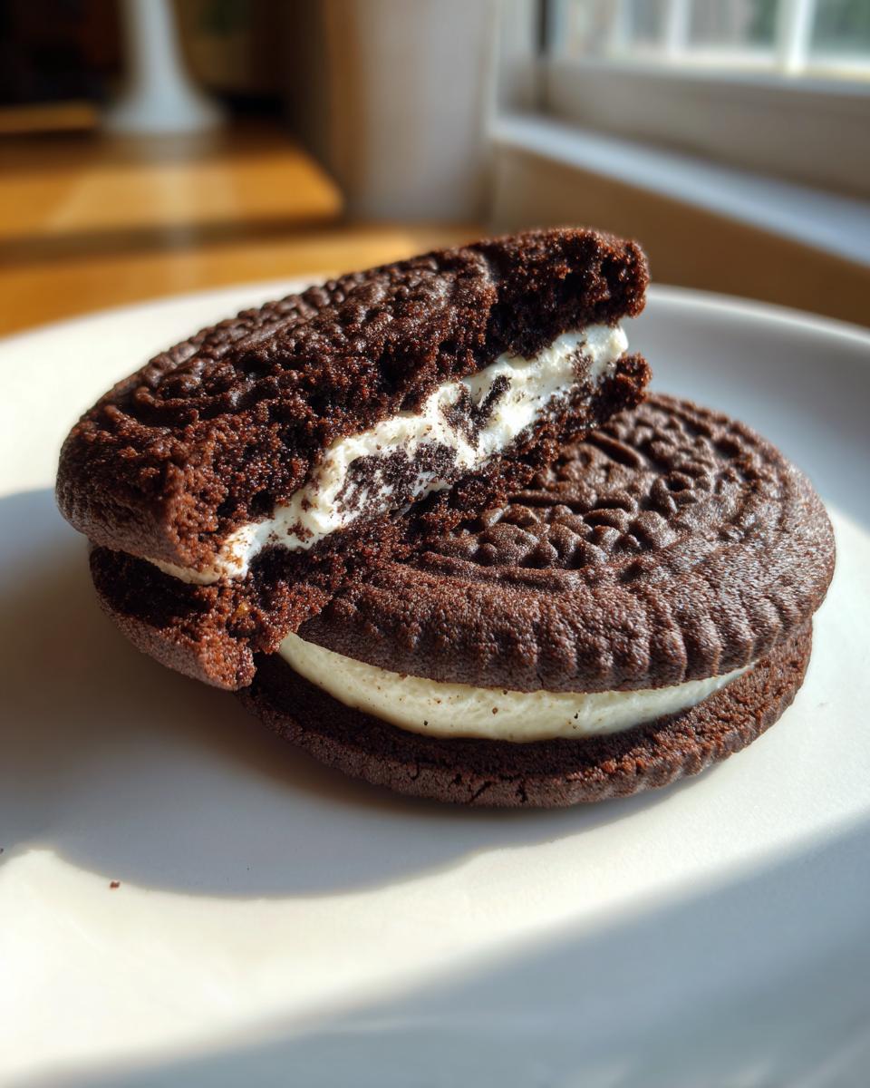 A close-up of two Oreo Cheesecake Cookies, one broken in half showing the thick cream filling.