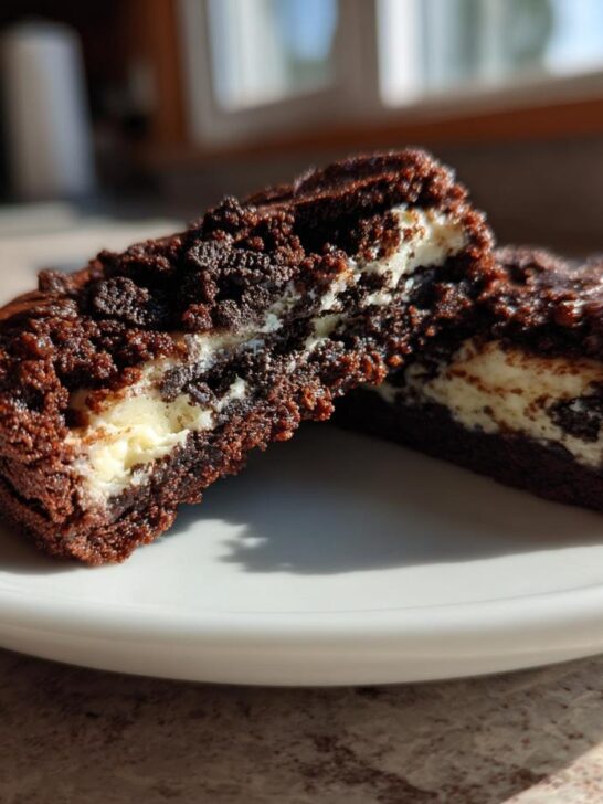 A close-up of an Oreo Cheesecake Cookie cut in half, showing the rich chocolate exterior and creamy cheesecake filling.
