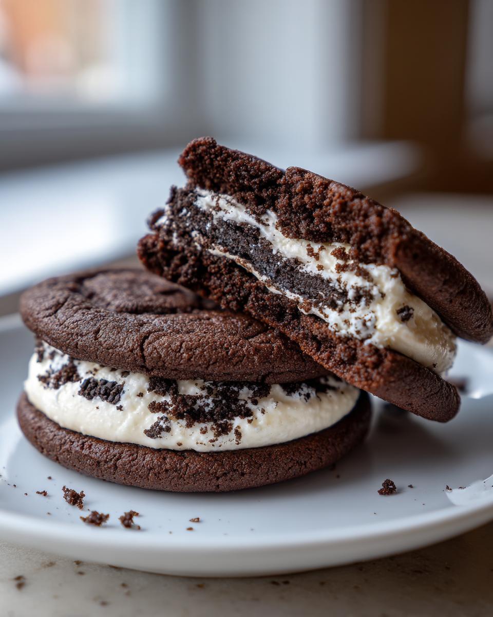 Two delicious Oreo Cheesecake Cookies stacked on a white plate, one cookie is broken open showing the creamy filling.