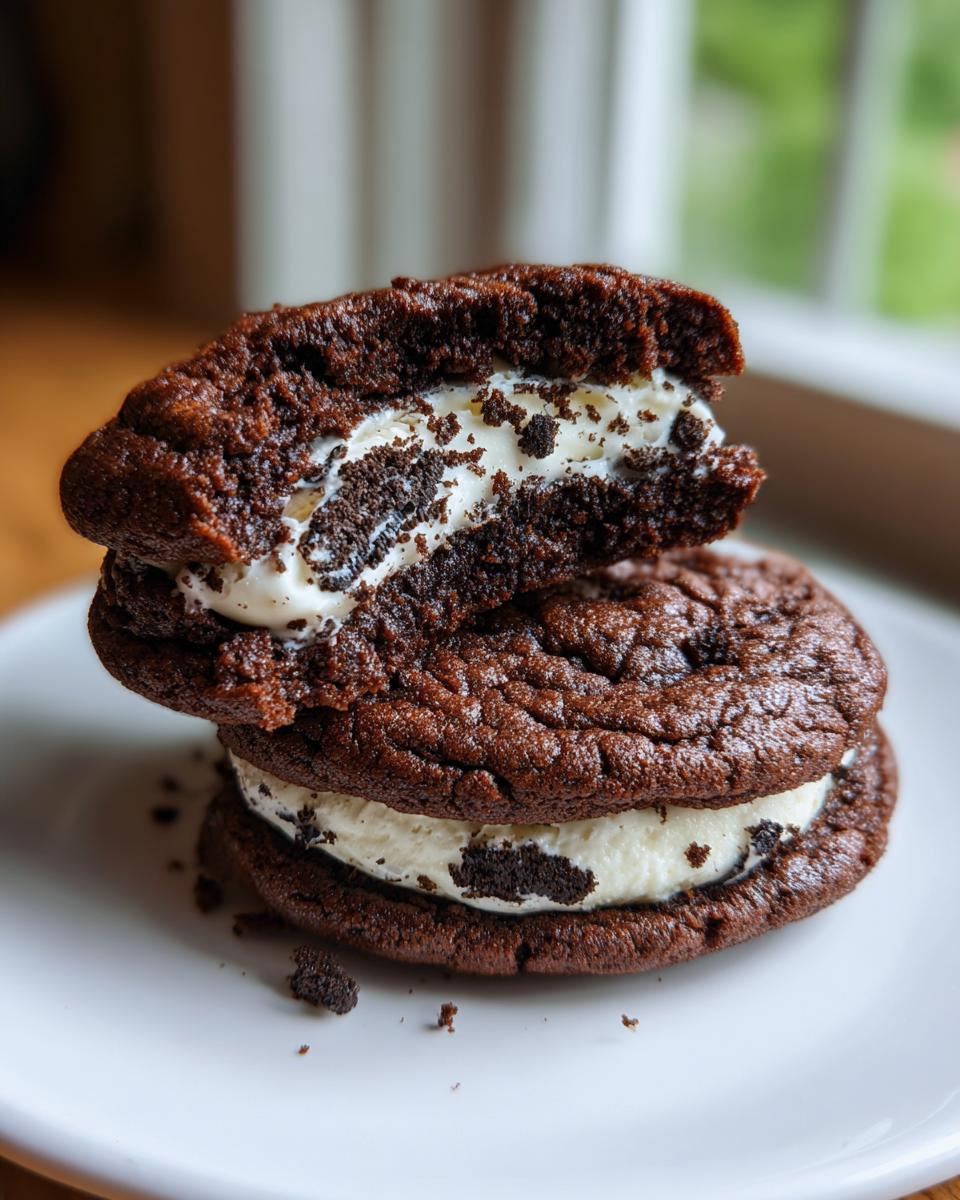 A stack of two rich chocolate Oreo Cheesecake Cookies with creamy white filling and cookie crumbs visible.