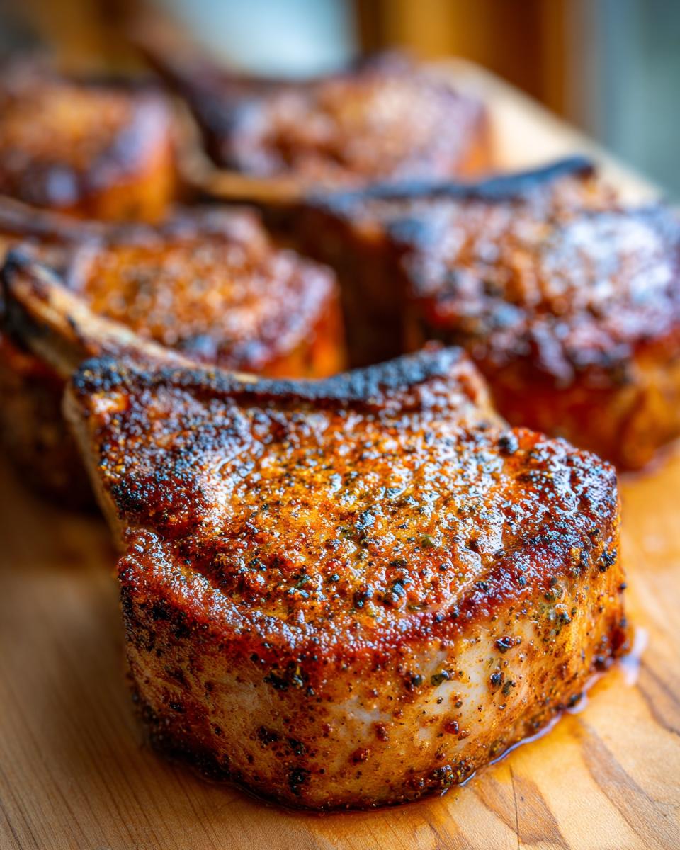 Close-up of perfectly seasoned Oven Baked Bone In Pork Chops on a wooden board.