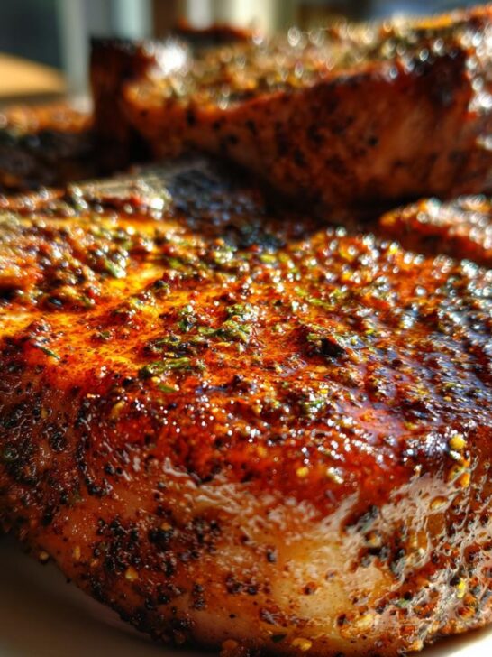 Close-up of perfectly seasoned and juicy oven baked bone in pork chops, ready to serve.
