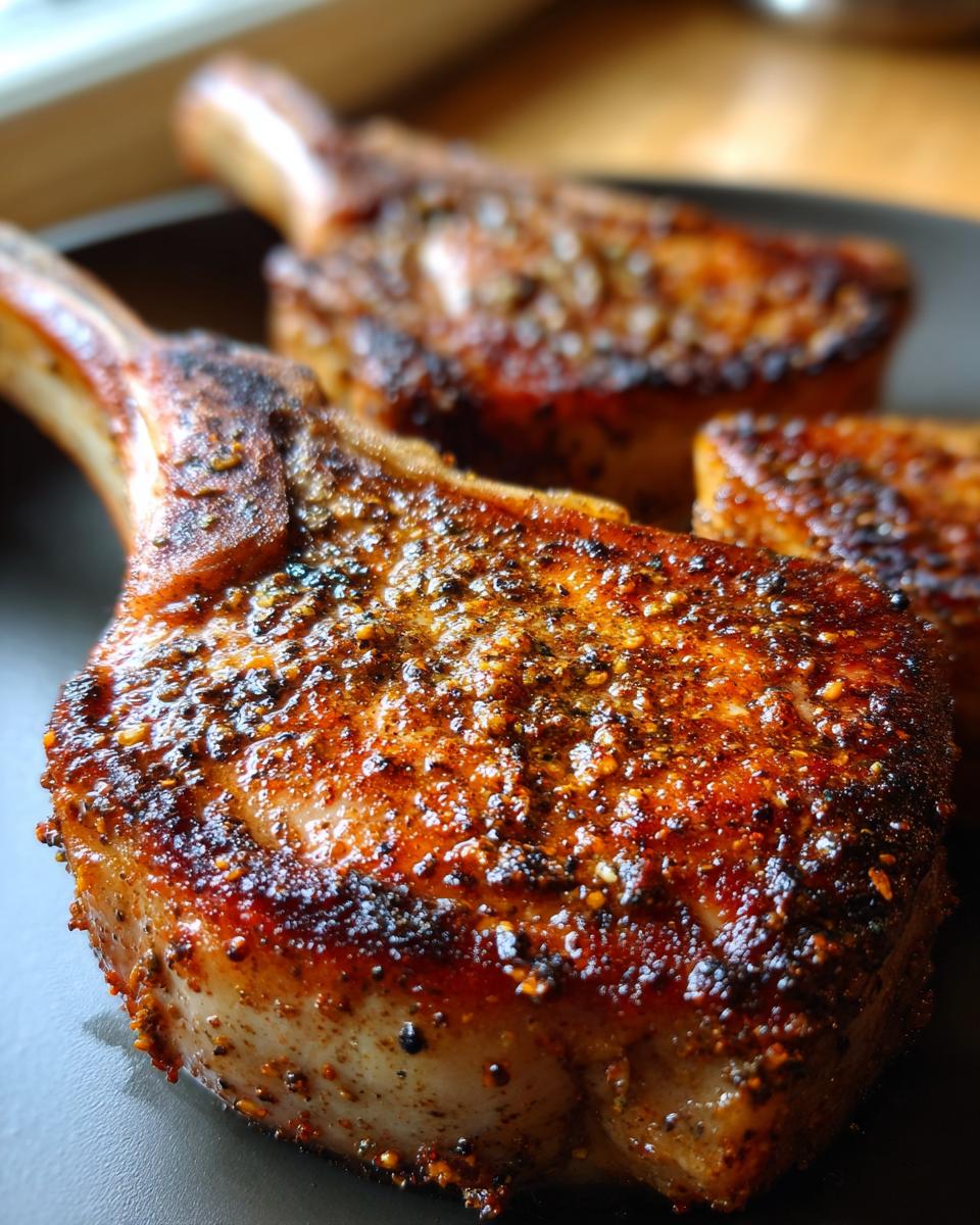 Close-up of perfectly seasoned Oven Baked Bone In Pork Chops on a dark plate, showcasing a golden-brown crust.