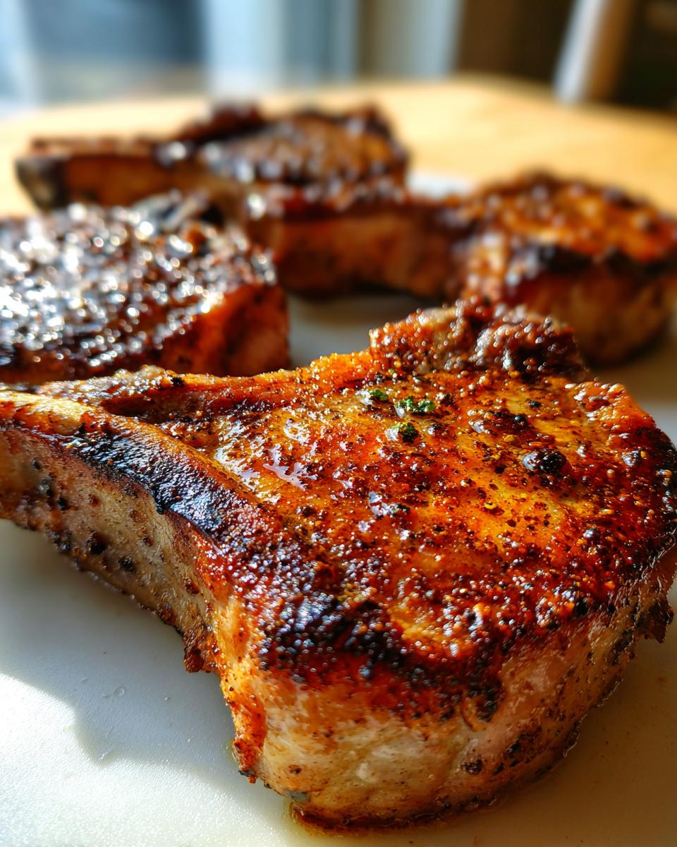 Close-up of delicious Oven Baked Bone In Pork Chops with a golden-brown crust and visible spices.