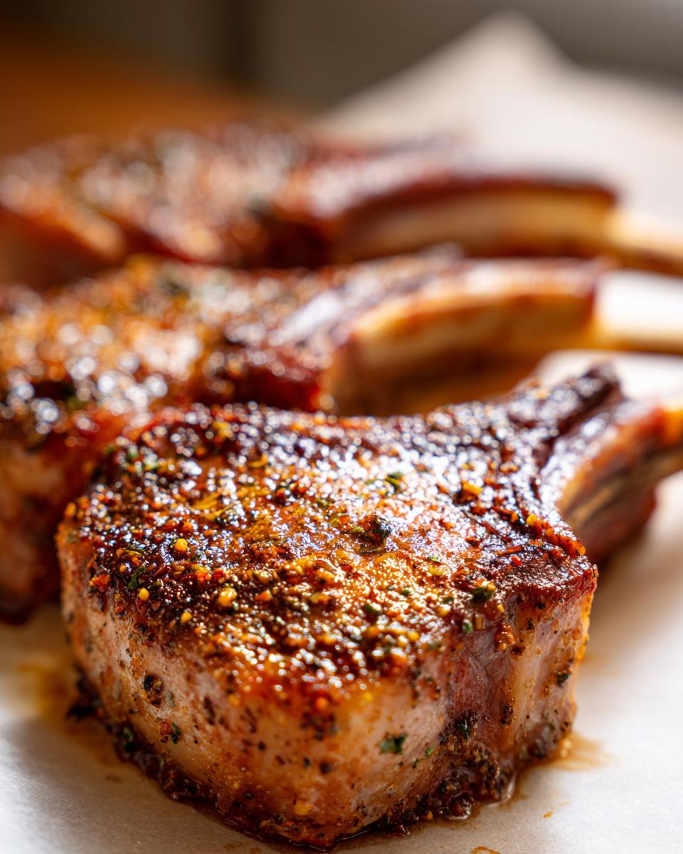Close-up of delicious oven baked bone-in pork chops seasoned with spices and herbs.