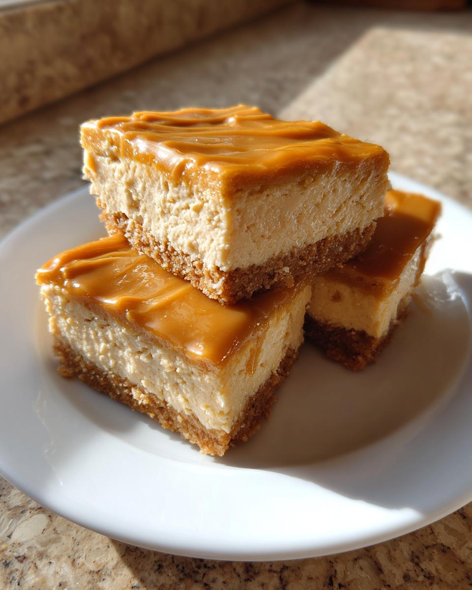 Three decadent Peanut Butter Cheesecake Squares stacked on a white plate, topped with smooth caramel.