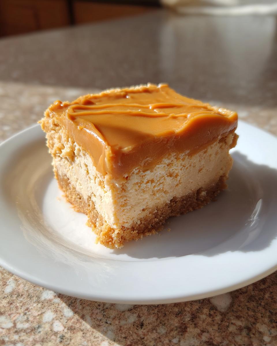 A single square of rich Peanut Butter Cheesecake Squares with a thick caramel topping on a white plate.