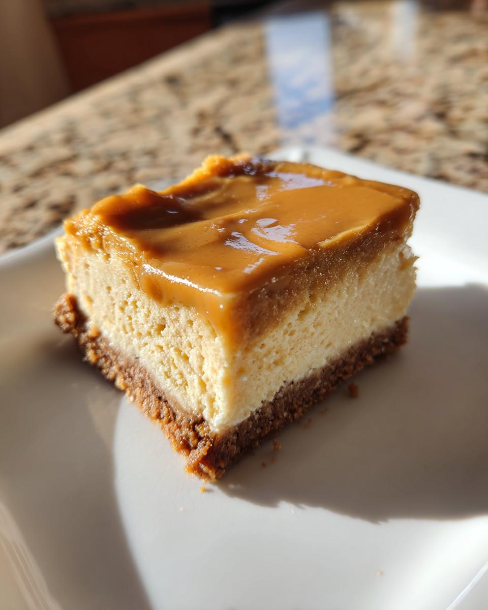 A single square of rich Peanut Butter Cheesecake Squares with a thick caramel topping on a white plate.