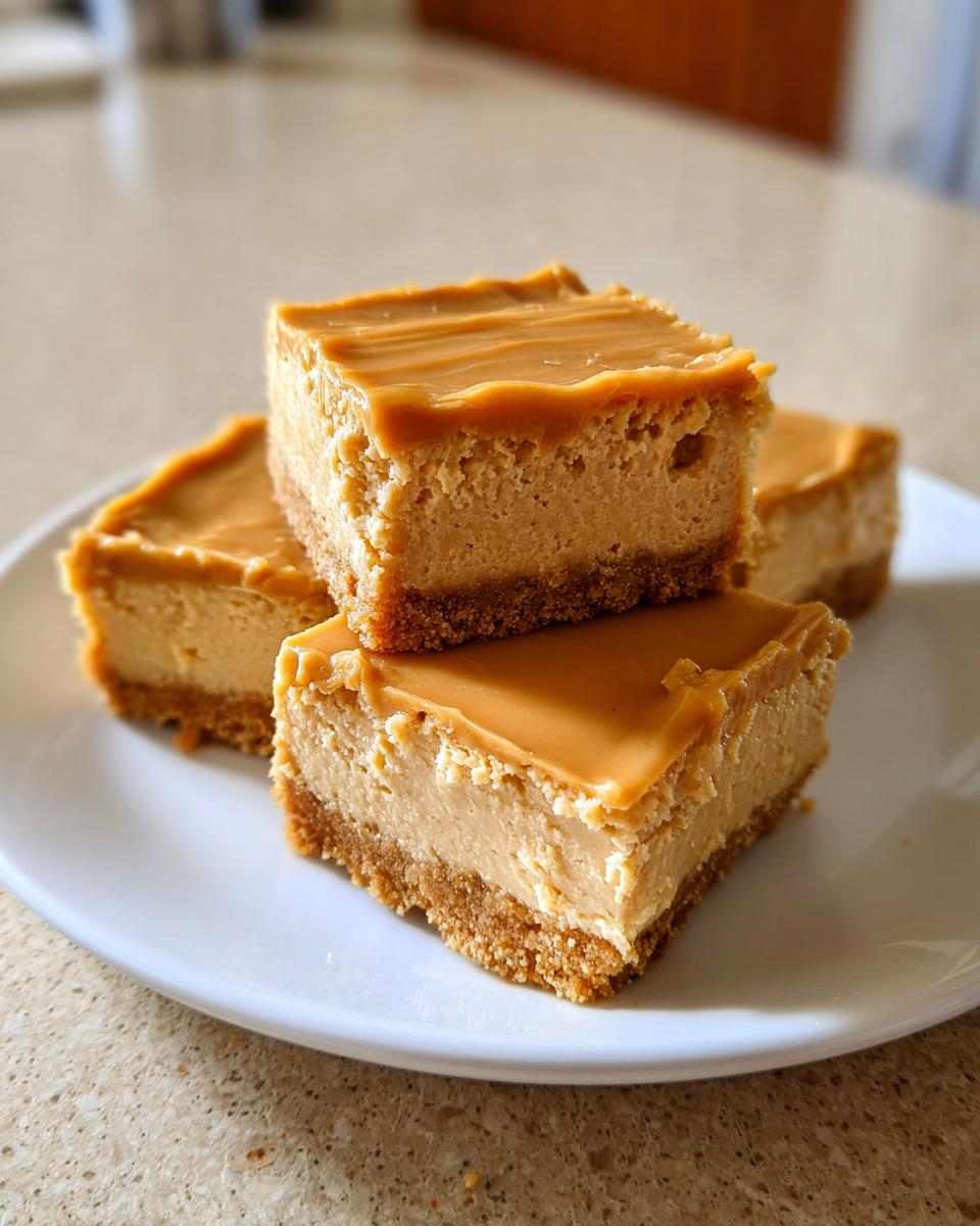 Four rich Peanut Butter Cheesecake Squares stacked and displayed on a white plate.