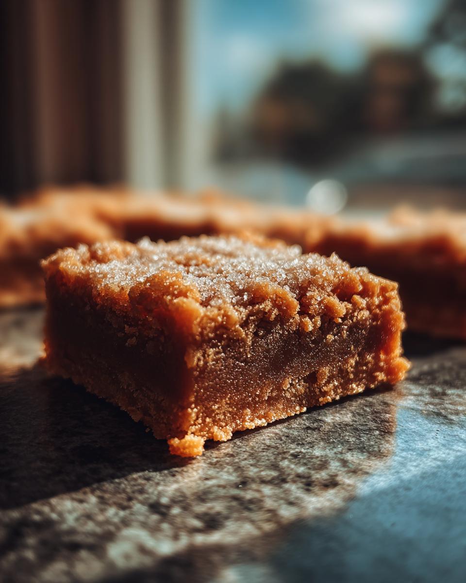 A close-up, low-angle shot of a dense, golden-brown Peanut Butter Cookie Bars square topped with sparkling sugar crystals.