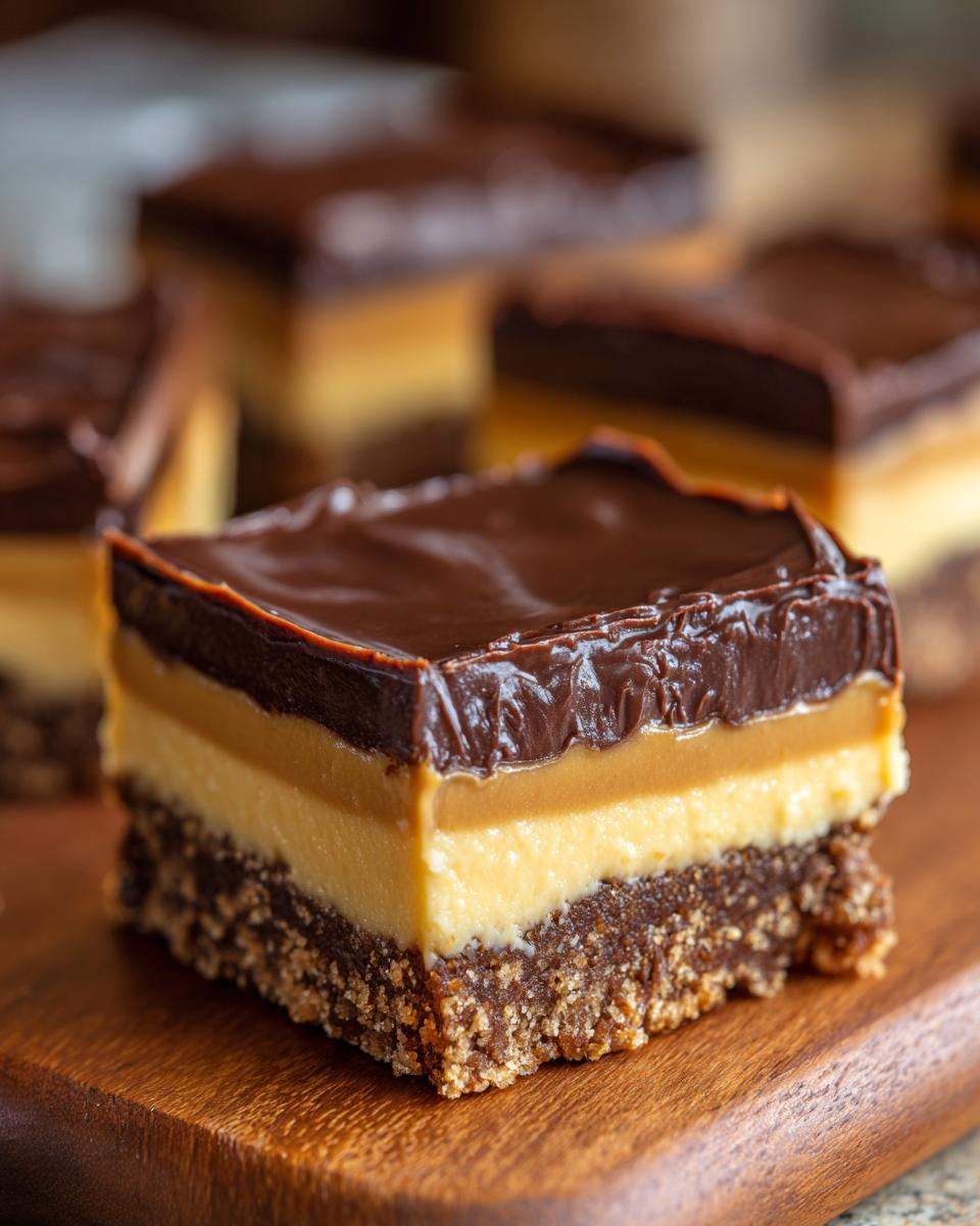 A square serving of rich Peanut Butter Nanaimo Bars showing the three distinct layers: chocolate topping, peanut butter filling, and crumb base.