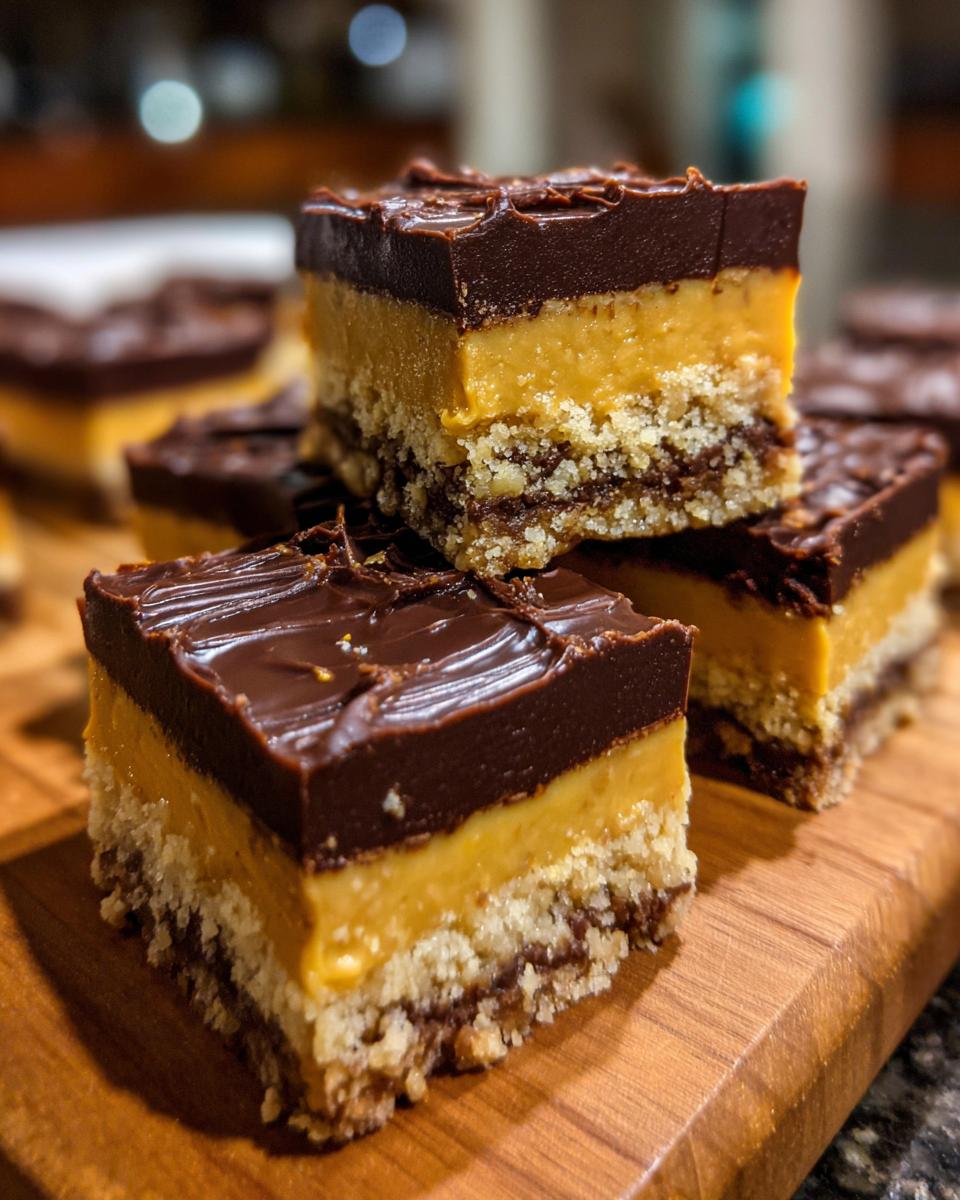 Stack of three-layer Peanut Butter Nanaimo Bars showing the crumbly base, thick peanut butter filling, and chocolate topping.