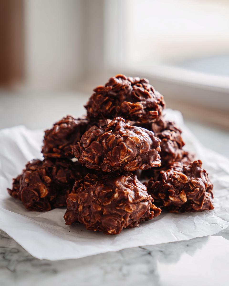 A stack of rich, chocolate Peanut Butter No Bake Cookies studded with oats, resting on white parchment paper.