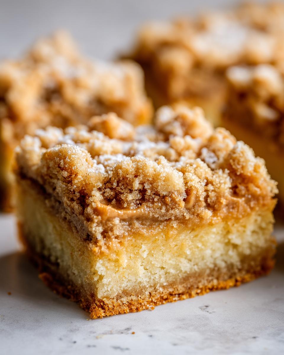 A close-up, macro shot of a single square of Peanut Butter Shortbread Bars showing the shortbread base, peanut butter layer, and crumb topping.