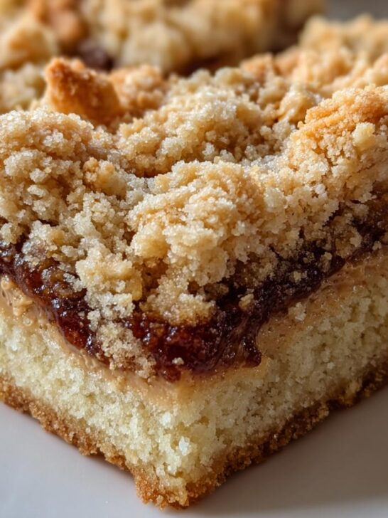 A close-up, mouthwatering shot of a square of Peanut Butter Shortbread Bars showing the shortbread base, peanut butter layer, jam filling, and crumb topping.