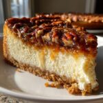A close-up shot of a creamy slice of Pecan Pie Cheesecake showing the graham cracker crust and pecan topping.