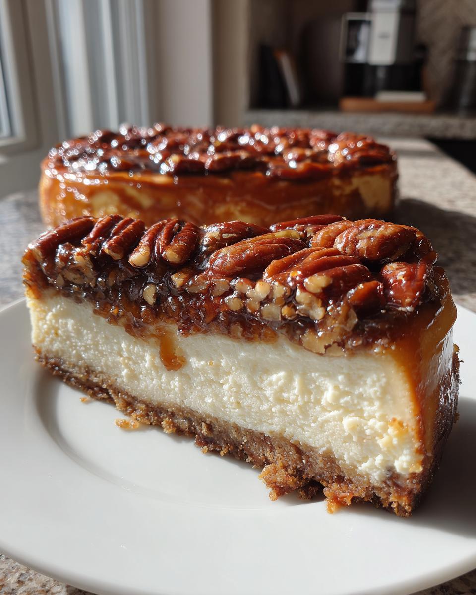 A thick slice of Pecan Pie Cheesecake showing the graham cracker crust, creamy filling, and pecan topping.