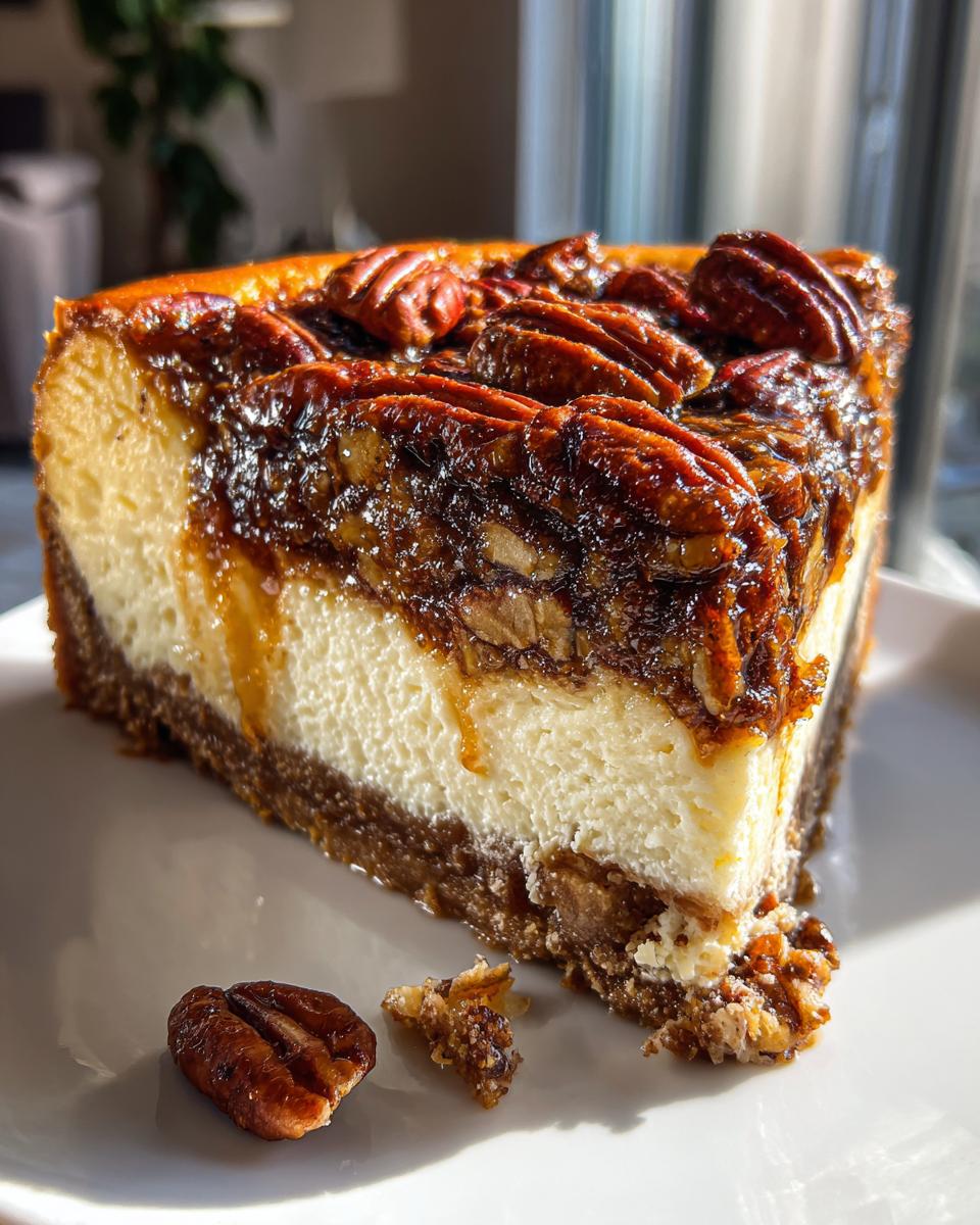 A perfect slice of rich Pecan Pie Cheesecake featuring a creamy layer and pecan topping.
