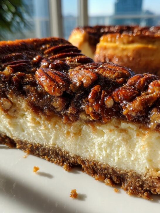 Close-up of a rich slice of Pecan Pie Cheesecake showing creamy filling, graham crust, and sticky pecan topping.