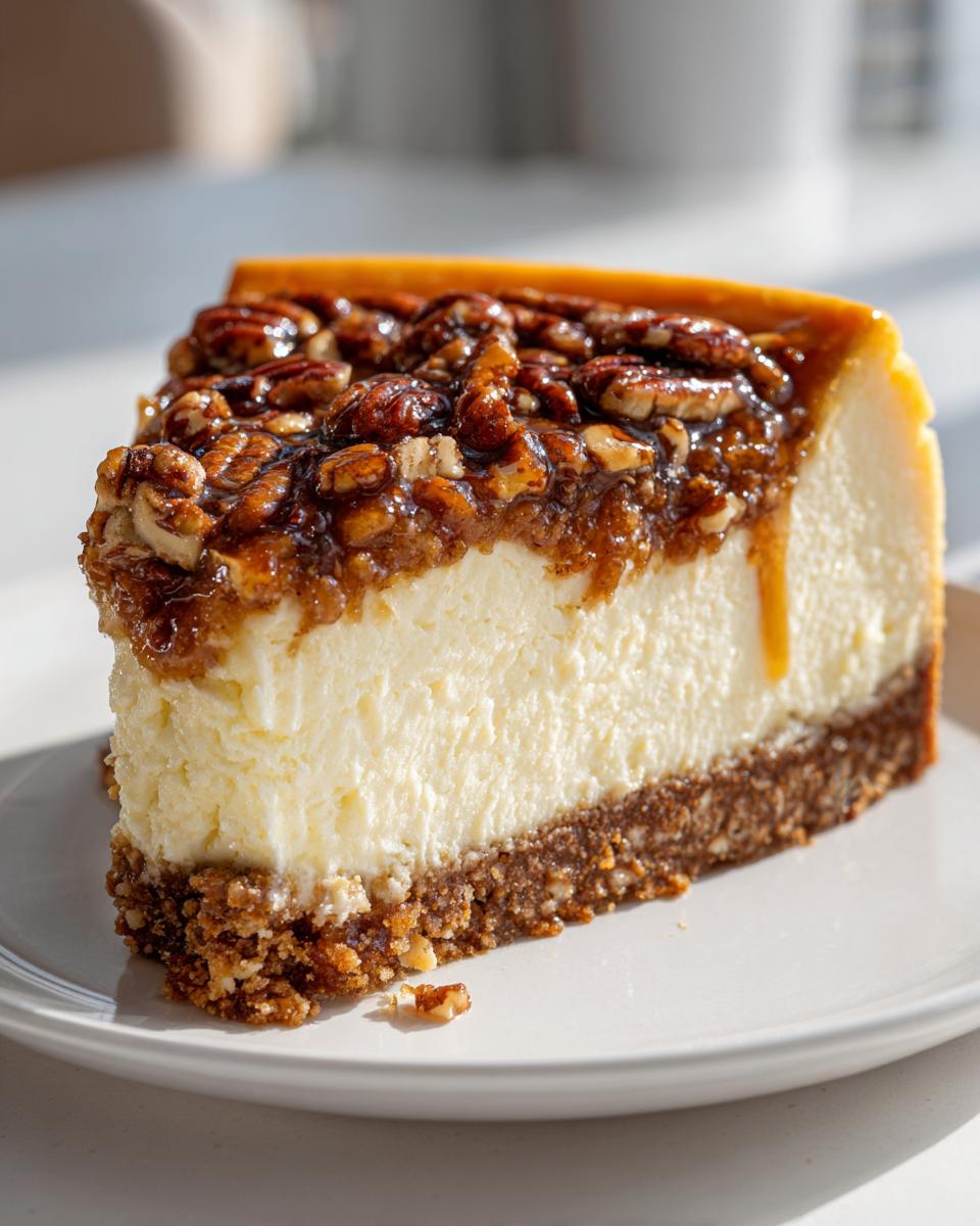 A perfect slice of Pecan Pie Cheesecake showing a thick graham cracker crust, creamy filling, and rich pecan topping.